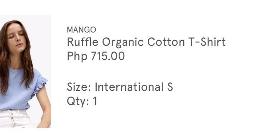 Mango Ruffle Organic Cotton T Shirt Blue (Category: Shirts) located in Las Pinas. Submitted by t_p_a (Listing ID 1170337616, Image 2). Description: Used only once..