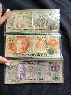 PHILIPPINE OLD 10, 20 AND 100 PESO BILLS
