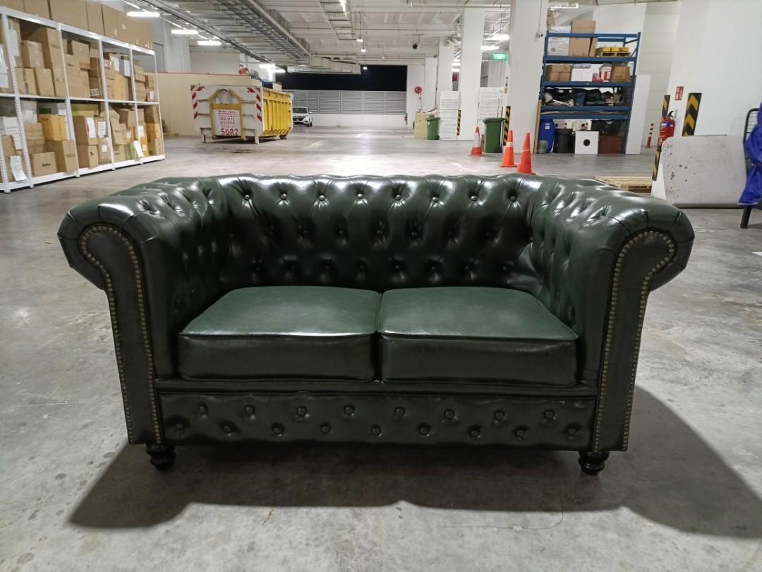 Green leather 2 seater chesterfield sofa sale