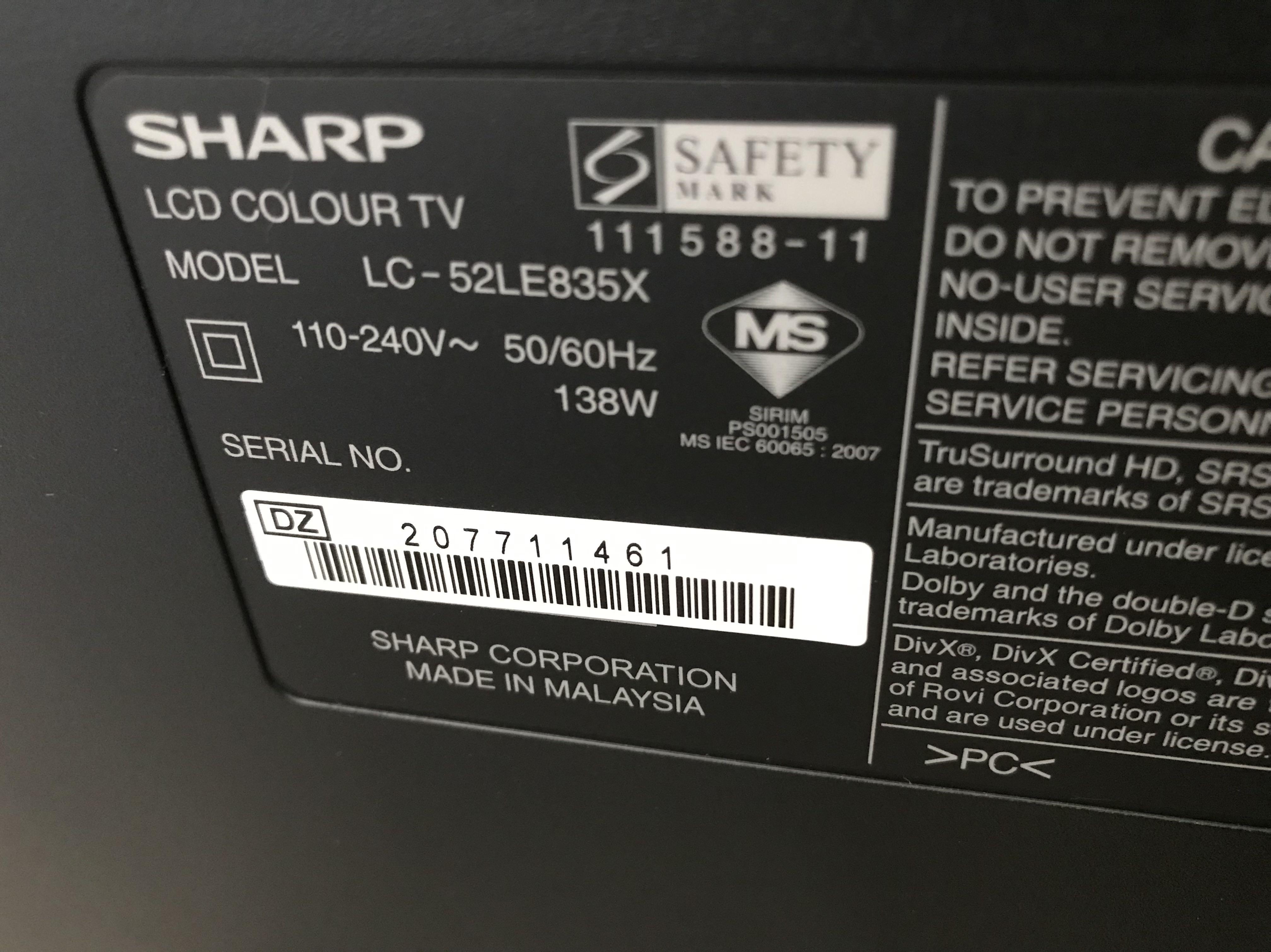 Sharp Aquos 52 “ TV, TV & Home Appliances, TV & Entertainment, TV on 