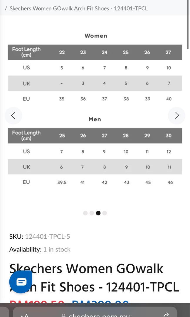 Skechers go walk store 3 size chart