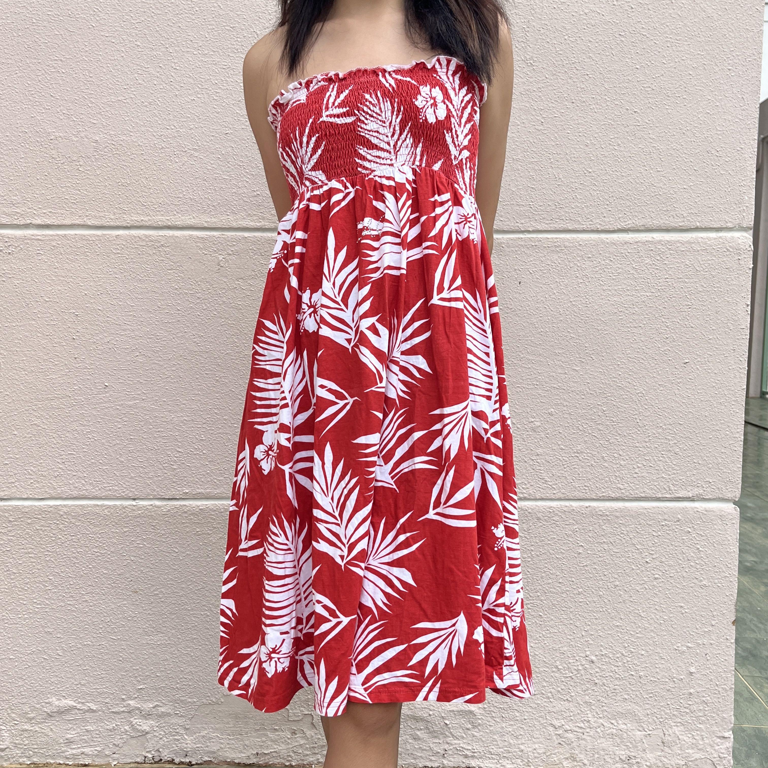 thrifted y2k red white hawaiian print tube dress Women s