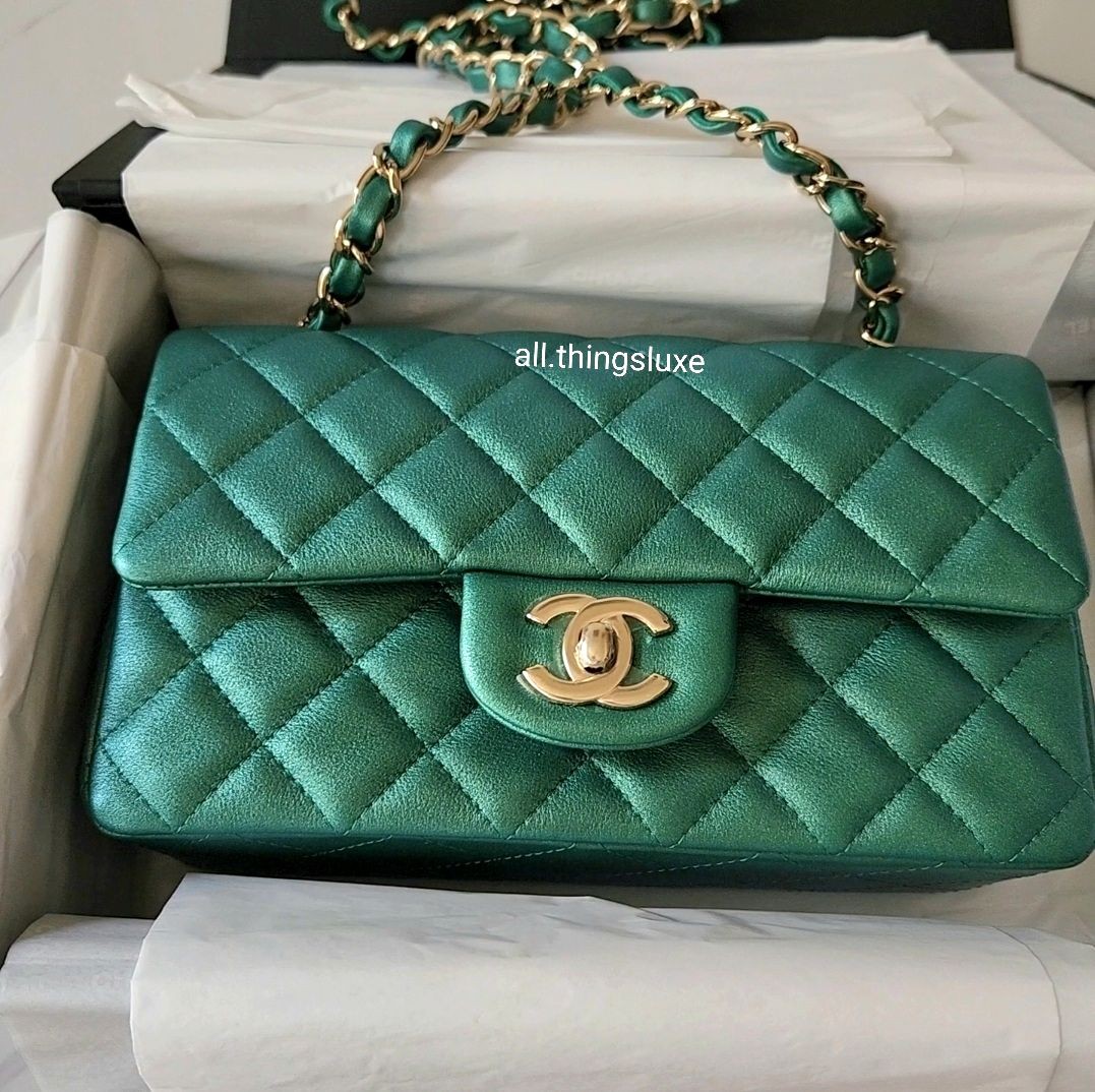 22A Chanel Mini Rectangular Iridescent Emerald Green LGHW, Women's ...