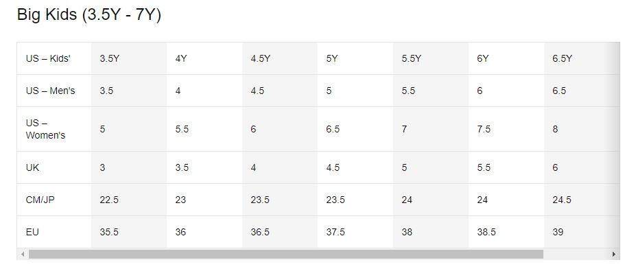 Nike 4y new arrivals size chart
