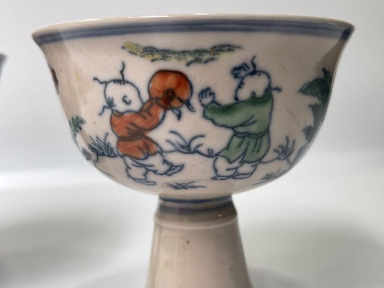 Antique DouCai Porcelain Stem Cup，大明成化斗彩人物高脚杯