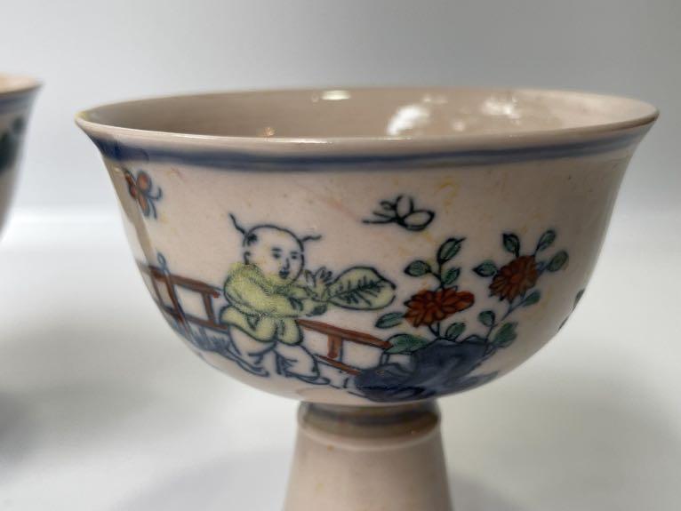 Antique DouCai Porcelain Stem Cup，大明成化斗彩人物高脚杯