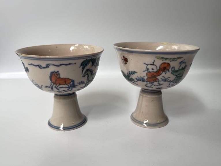 Antique DouCai Porcelain Stem Cup，大明成化斗彩人物高脚杯