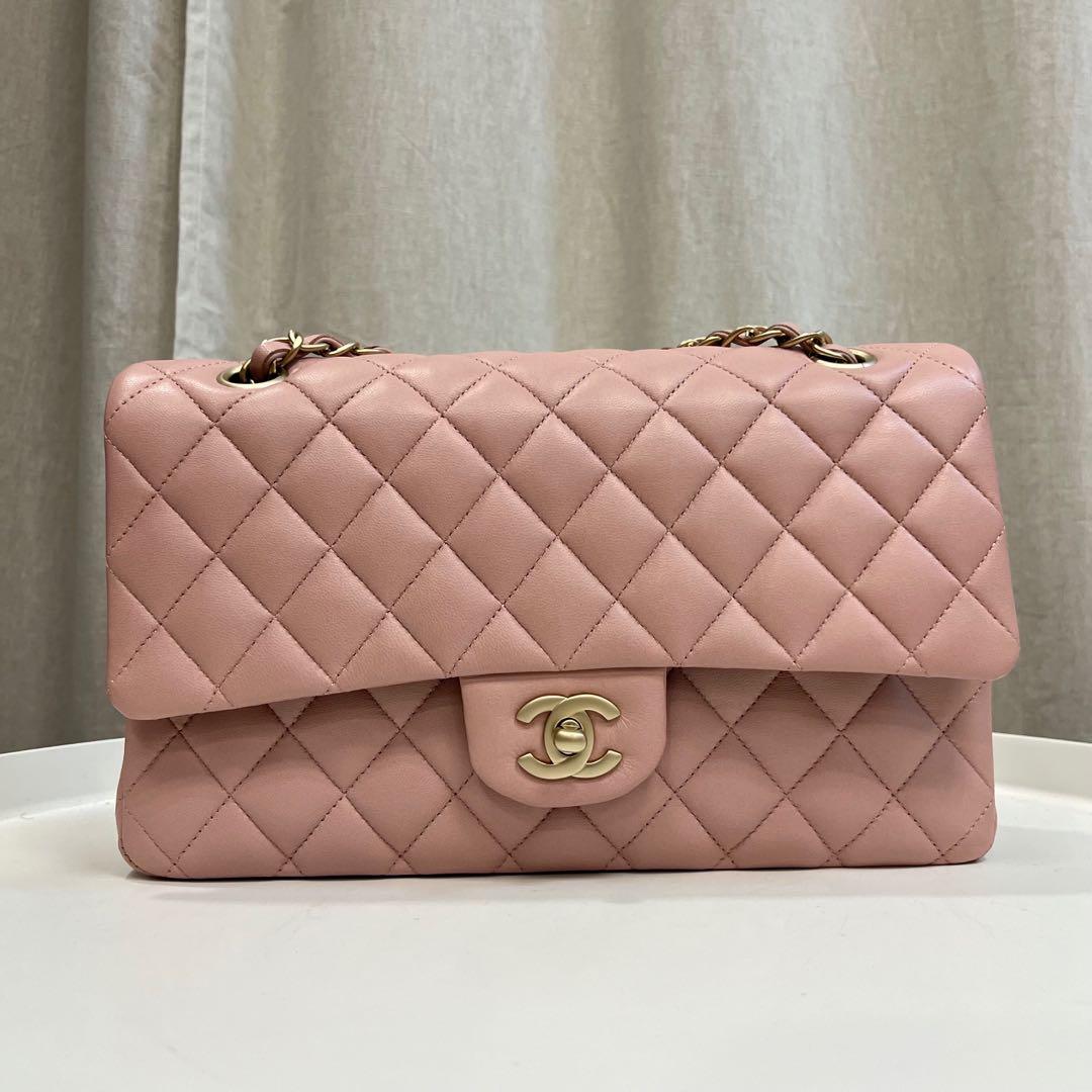 Authentic Chanel Classic Flap Medium Pink in Lambskin and Gold Hardware