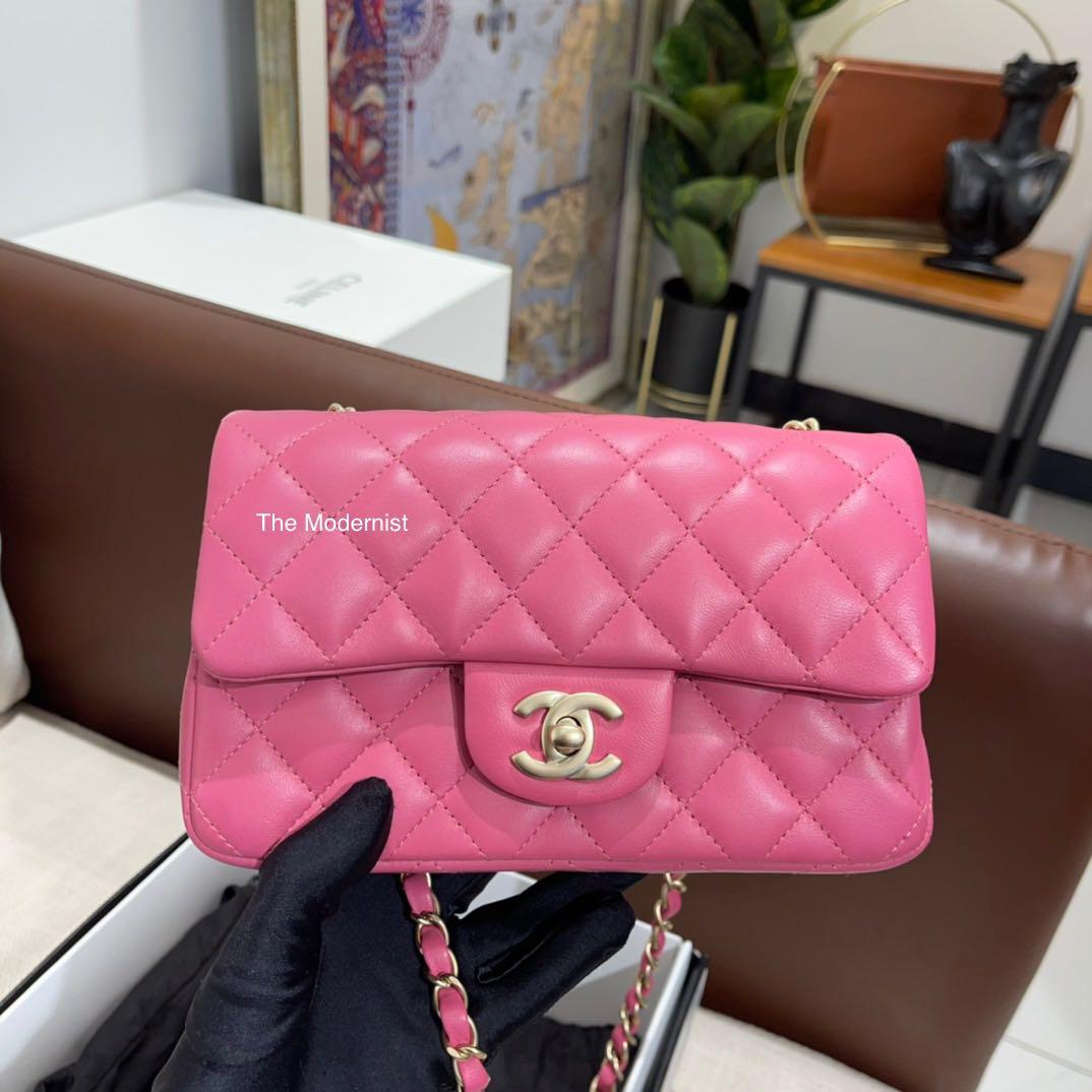 Authentic Chanel Pink Lambskin Mini Flap Bag Matte Gold Hardware