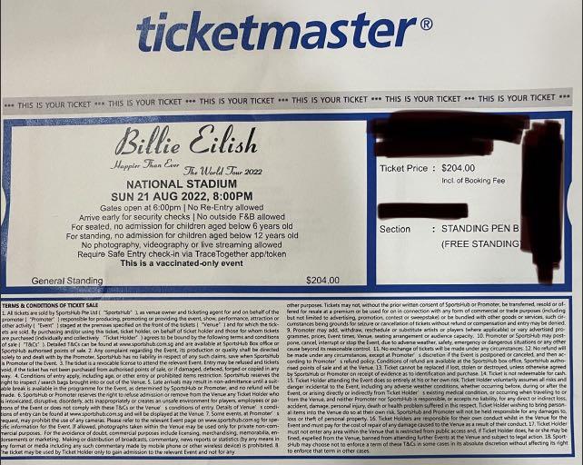 Billie Eilish Concert Tickets (Standing Pen B) x 2, Tickets & Vouchers