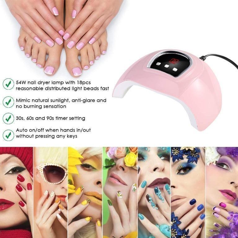 C7221] UV Led Nail Lamp, 54W Nail Dryer Gel Nail Polish Dryer Curing Lamp  18 LEDs Beads/Sensor, 3 Timers Auto for UV Gel Nail Polish (USB Port),  Beauty & Personal Care, Hands