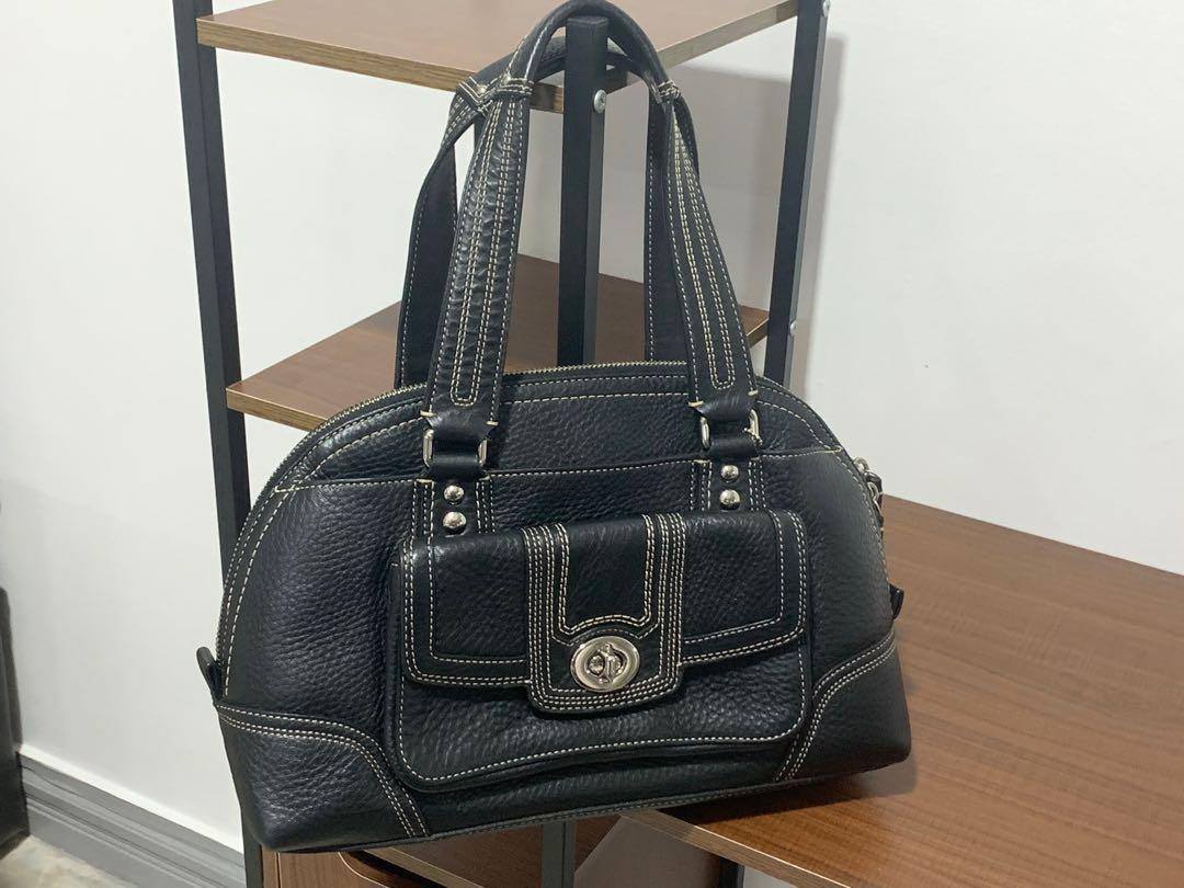 Coach bag (retail item) (Category: Luxury Bags & Wallets) located in Pasig City. Submitted by mibella_declutters (Listing ID 1160232775, Image 2). Description: Coach Black Pebbled Leather Hampton Top Handle Satchel Bag Limited edition Used a few times Can pass as BNEW Original price: P25,000 Shipping c/o buyer .