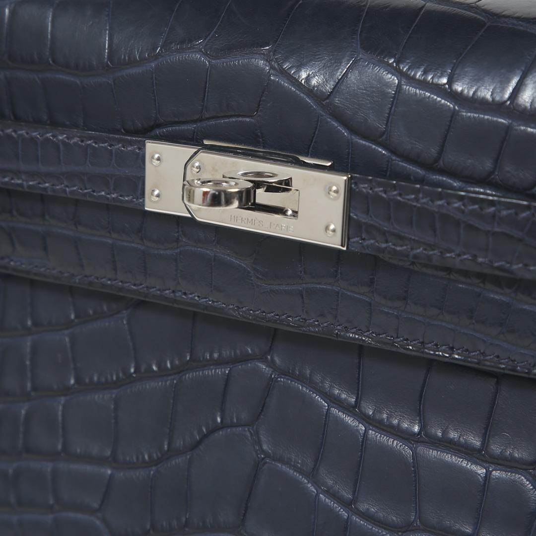 Hermès Kelly pochette petrol blue silver hardware alligator at