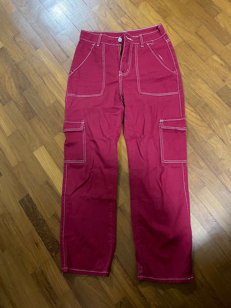 Red Cargo Pants, Women's Fashion, Bottoms, Other Bottoms on Carousell