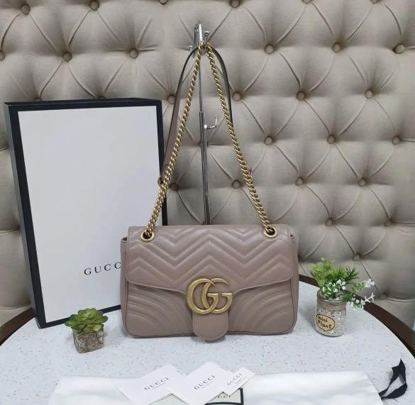 UNUSED GUCCI GG MARMONT MEDIUM BEIGE MATELASSE LEATHER