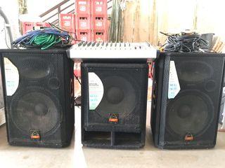 Wharfdale sound system with subwoofer and mixer