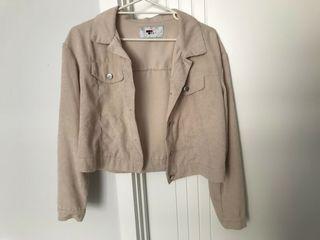 Women's beige sand cropped button jacket faux suede