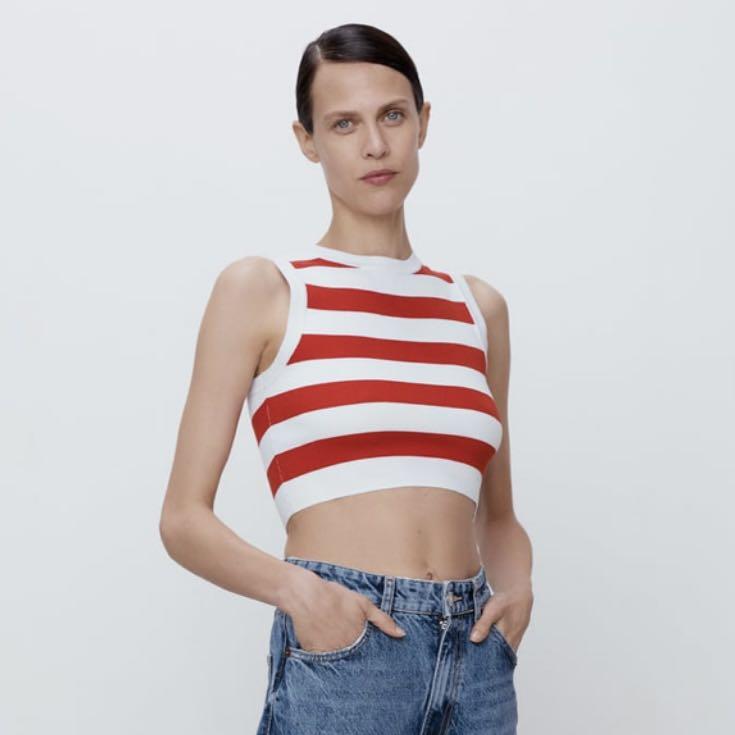 Zara Basic Cropped knit top in white and red stripes crop top, Women's  Fashion, Tops, Sleeveless on Carousell