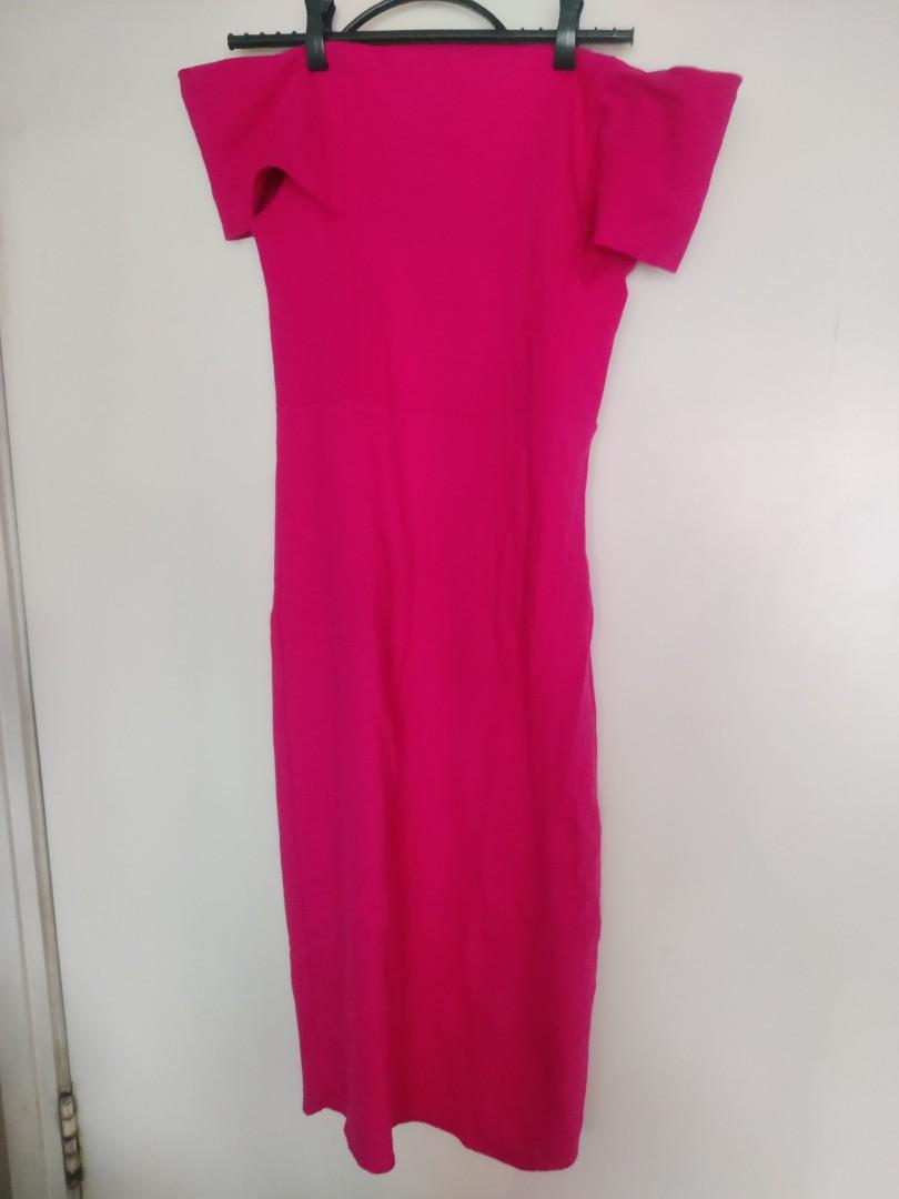 pink off shoulder dress zara DRAPED TUBE MIDI DRESS - Pink