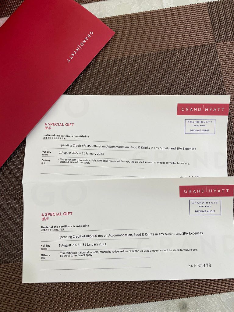 2 Grand Hyatt Certificates/Vouchers 嘢食 嘢飲 本地食物 Carousell
