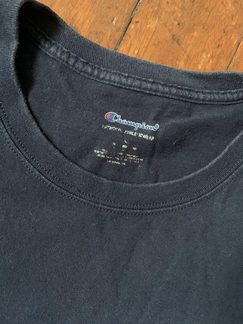 Champion Tee (Navy) (Category: Tshirts & Polo Shirts ) located in Quezon City. Submitted by _pbmt (Listing ID 1175708695, Image 2). Description: Thrifted, not sure if it's legit. Apart from fading, no other issues. - 23 x 31 - shoulders: 22 - sleeves: 8.5 MOPs: BPI/Gcash Strictly no meet-ups.
