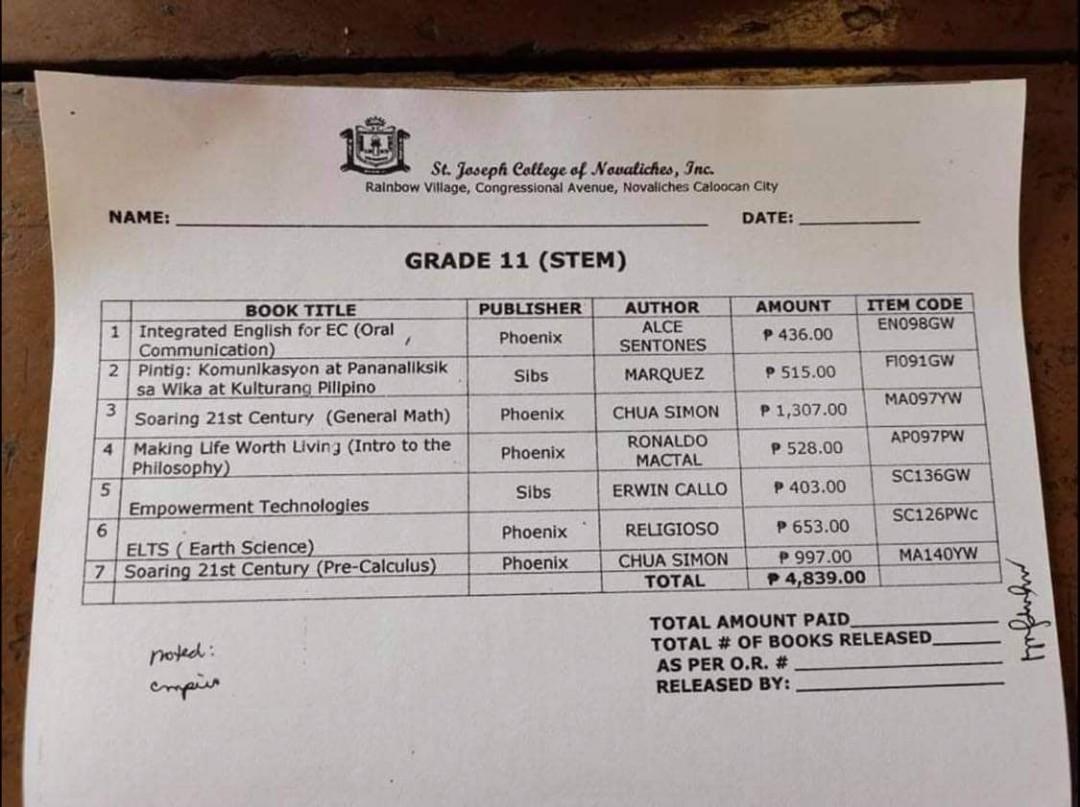 Grade 11 STEM Textbooks (Category: Textbooks) located in Caloocan City. Submitted by moonempath29 (Listing ID 1175661393, Image 3). Description: STEM Textbooks All are good as new (save for some books that have highlighted texts, but other than that no scribbles and/or writings) Prices for the books are as follows (see pics for book titles and OR as proof of original price when purchased): 1 - Php 300 2 - Php 400 3 - Php 690 4 - Php 280 5 - Php 3