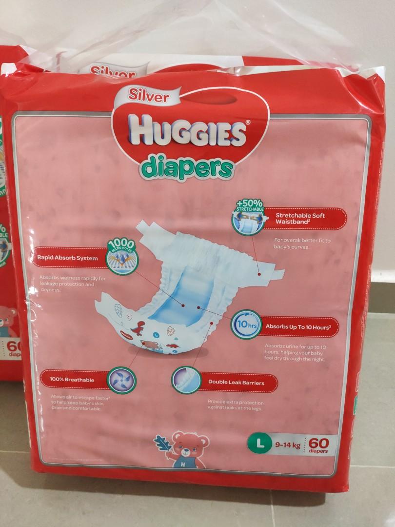 Huggies Silver Diapers L Size (60pcs), Babies & Kids, Bathing