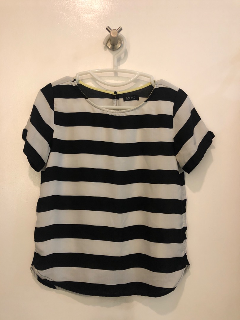 Memo big striped black and white top blouse, Women's Fashion, Tops ...