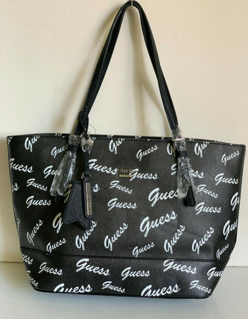 NEW GUESS CHANDLER BLACK WHITE LOGO SHOPPER SATCHEL TOTE BAG PURSE SALE Women s Fashion Bags Wallets Tote Bags on Carousell