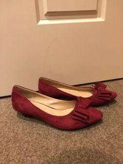 New Ladies burgundy ribbon low heels shoes 37 office High heels ballet flats