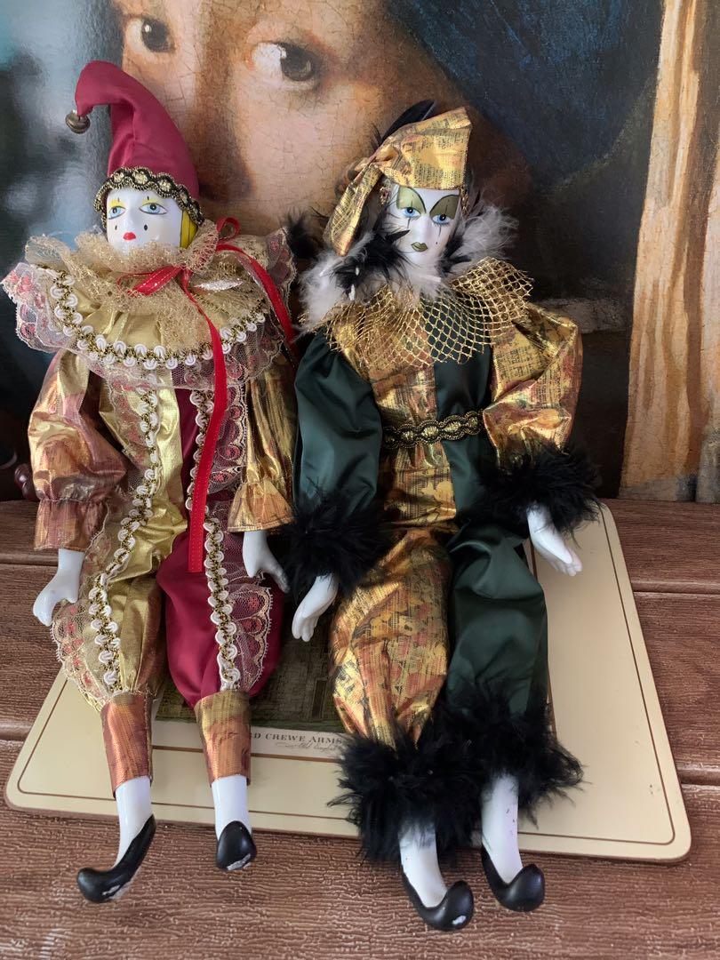 Pair 16 Vintage Venetian Jester Doll Pierrot Porcelain Carnival Harlequin Theatrical Medieval Clown Collectible Figurine