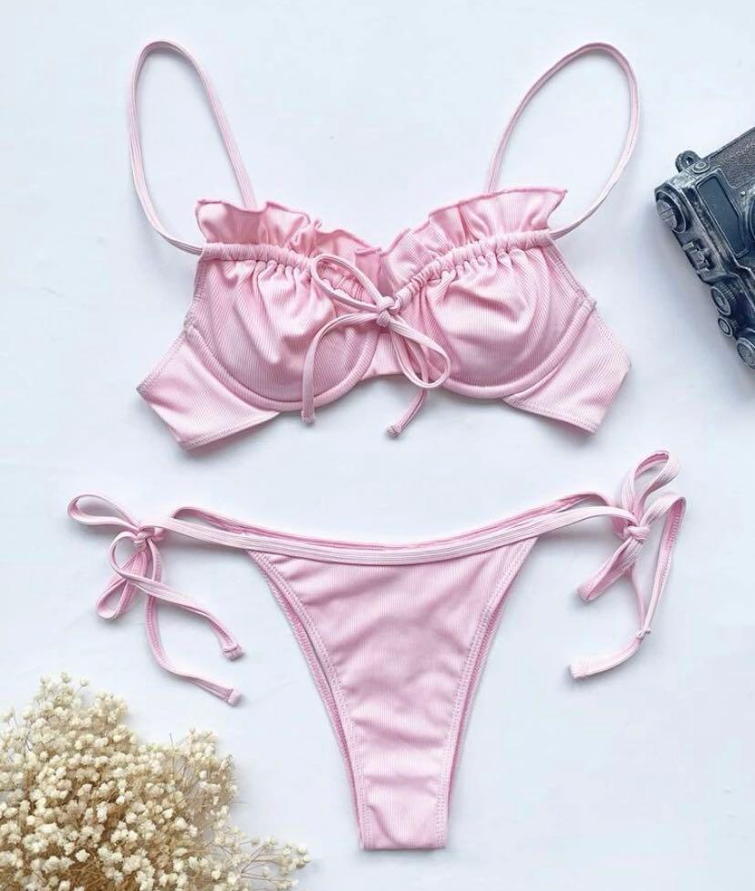 Shein pink bikini super cute ruched bust bikini underwire firm
