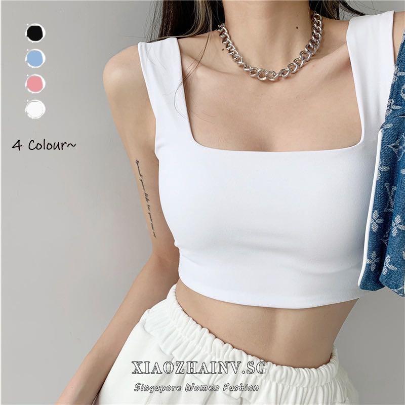 White Square Neck Sleeveless Cropped Top, Women's Fashion, Tops, Sleeveless  on Carousell