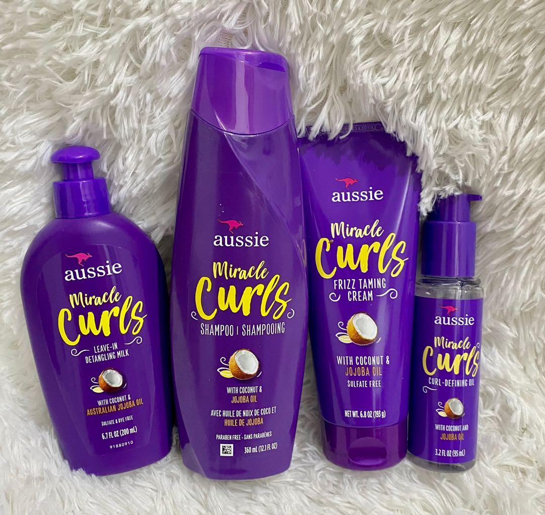 Aussie Miracle Hair shampoo detangling milk, frizz taming cream curls