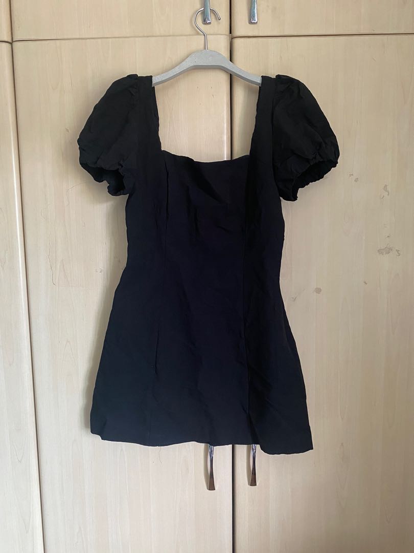 AUTH ZARA BLACK LINEN TIE BACK SEXY MINI DRESS PUFF SLEEVES, Women's
