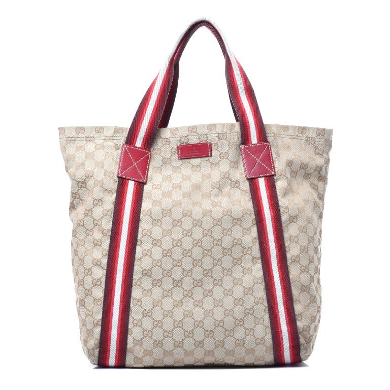 AUTHENTIC GUCCI 189669 002122 RED WEB GG CANVAS SOFT TOTE SHOULDER BAG
