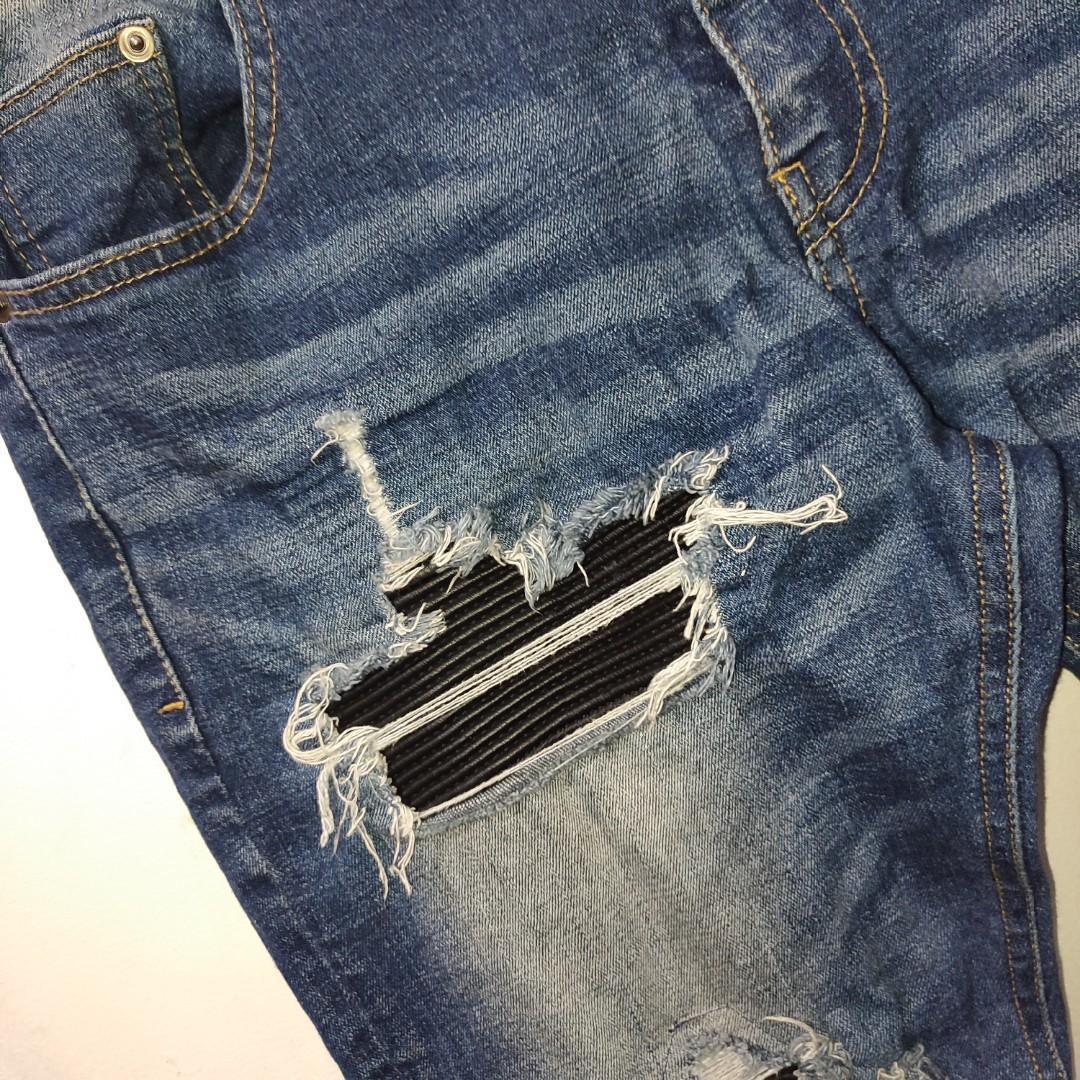 Biker Jeans Leather Patch, Fesyen Pria 