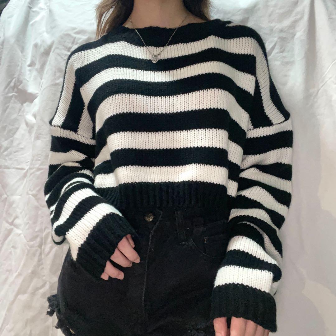 Black & White Cropped Knitted Longsleeve Loose Sweater Grunge, Women's ...