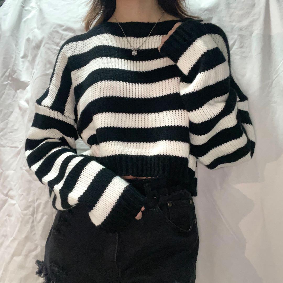 Black & White Cropped Knitted Longsleeve Loose Sweater Grunge, Women's ...