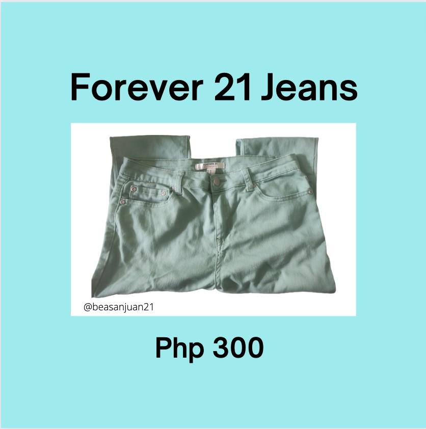 Forever 21 Contemporary Jeans (Category: Jeans) located in Mandaluyong City. Submitted by fluffel (Listing ID 1170490594, Image 1). Description: •Condition: 7.5/10 •Well used but not abused •Size on tag: 27in (will fit M-semi L) •Color: Green MOP: GCash or COD only..