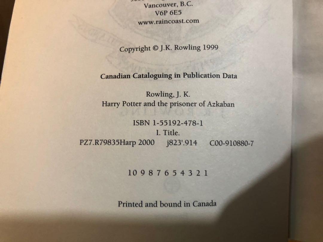 Harry Potter and the Prisoner of Azkaban - First Edition [10 9 8 7 6 5 4 3 2 1] (Category: Books) located in North York. Submitted by DLFeeney (Listing ID 1170564540, Image 3). Description: Make me an offer if you are interested. This is a highly collectable book and since this is the first edition version of “The prisoner of Azkaban” that considerably impacts the ranking, labelling this version I’m selling as a rare book..