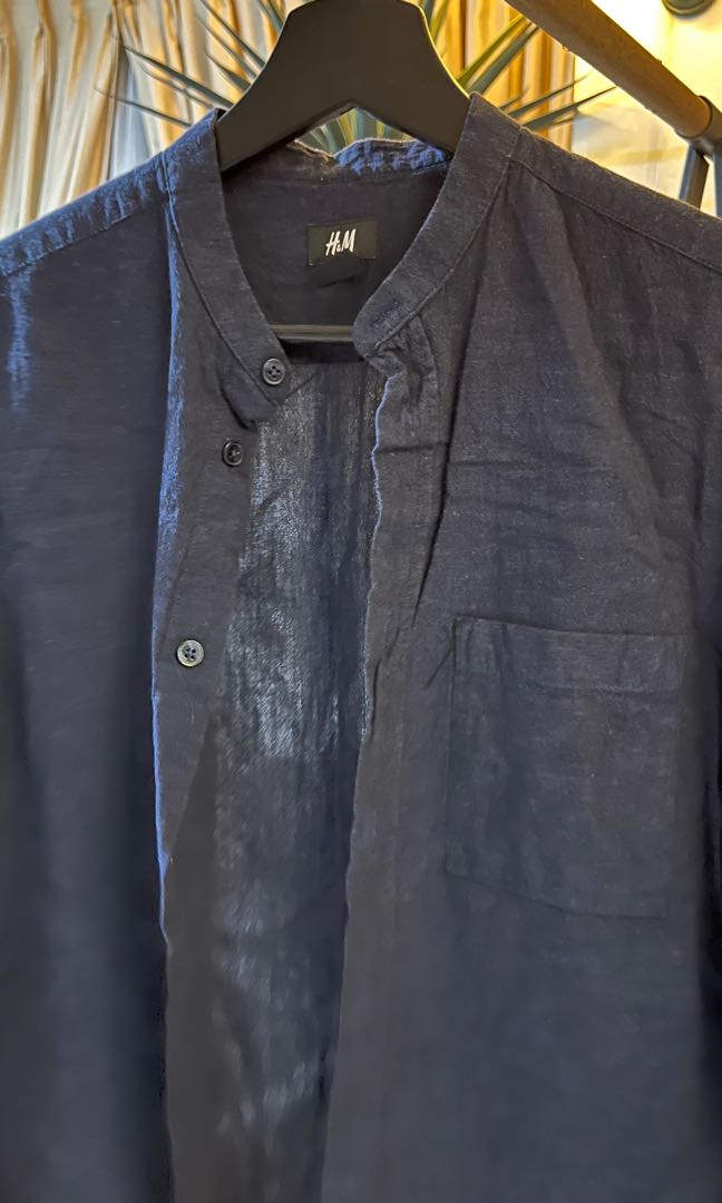 H&M Linen Shirt with Mandarin Collar, Men's Fashion, Tops & Sets