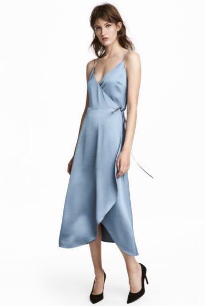 H M satin slip wrap dress blue