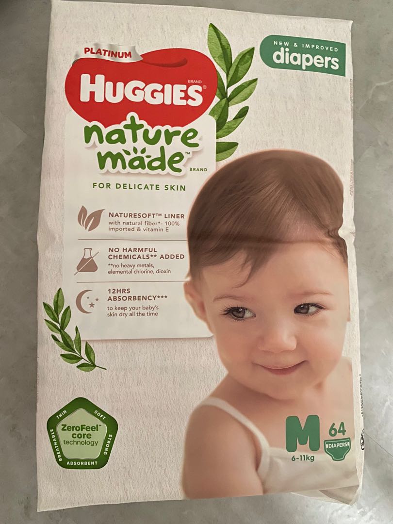 Huggies Diapers nature made M size (last packet), Babies & Kids