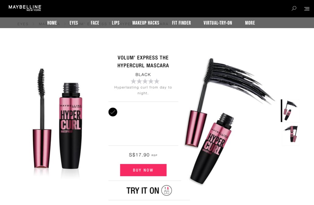  Máscara de pestañas HyperCurl de Maybelline (resistente al agua), Belleza