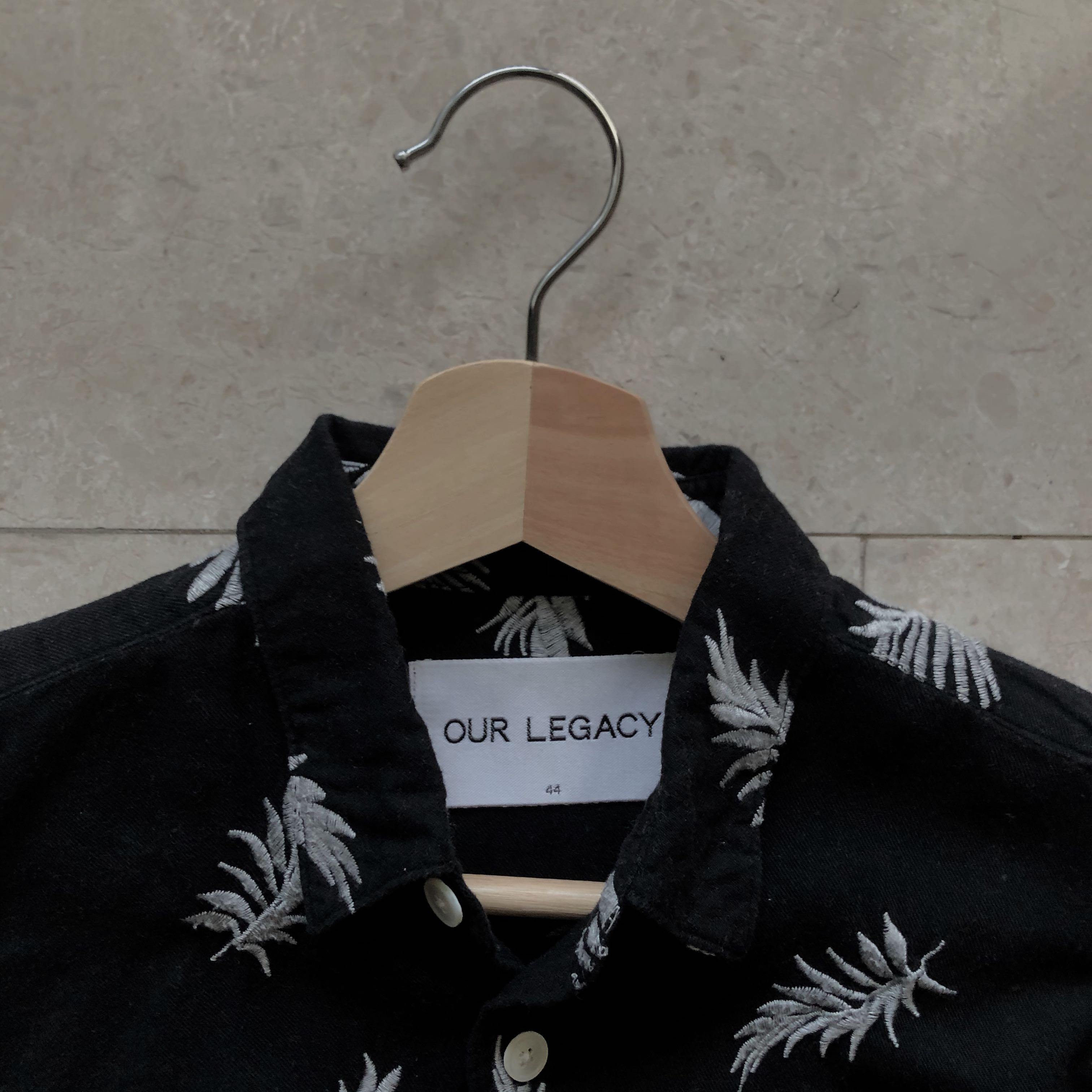 our legacy] black cotton/wool shirt with embroidered leaves, Men's