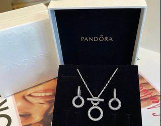 Pandora tbar  necklace with set of double hoop. Earrings in silver