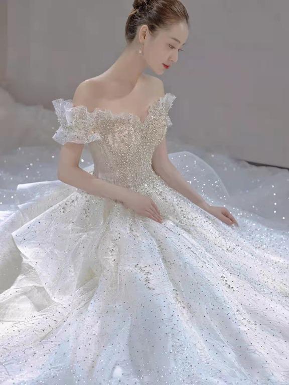 White off the sales shoulder ball gown