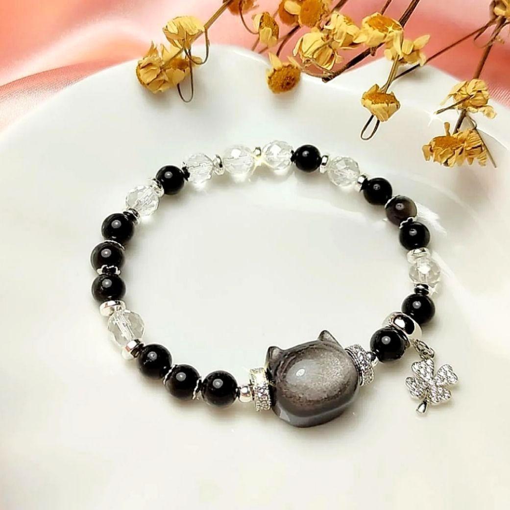 Silver Sheen Obsidian Cat Head Bracelet., Women's Fashion, Jewelry ...