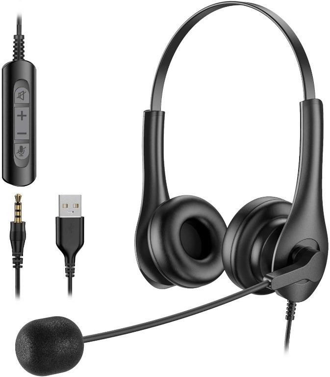 Noise Cancelling Compouter Headphones with Inline Control Skype On Ear 3.5mm Office Call Center Headset with Mic Zoom USB Headset with Microphone for Laptop Stereo Wired Headset for Cell Phone 